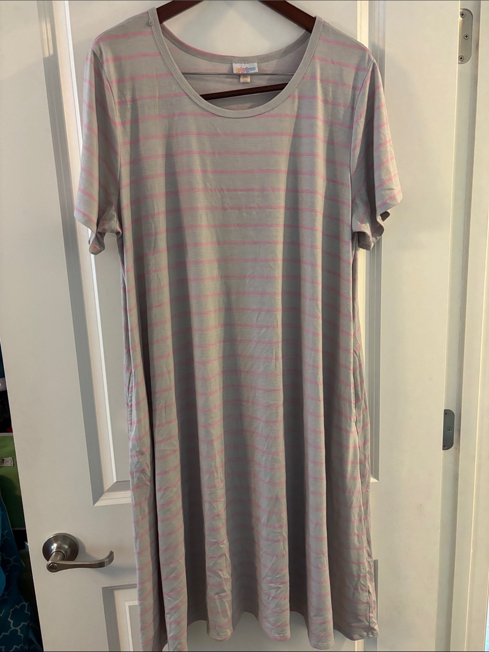 LuLaRoe Jessie Dress in Light Gray with Pink Stripes